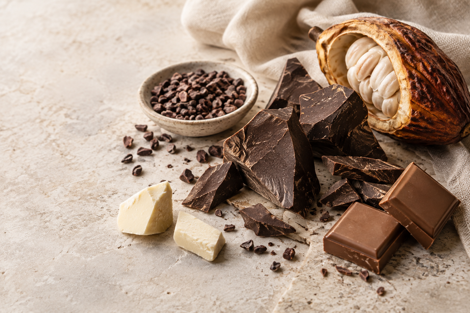 Dark, milk and white chocolate with cacao nibs on pale stone